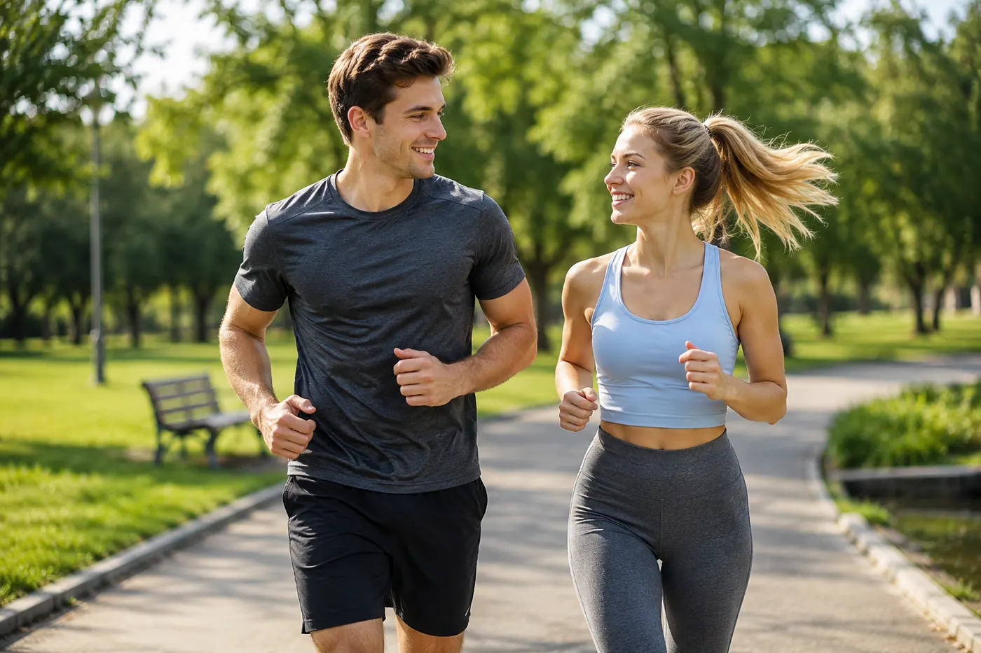 Couple running in a park as an example of wellness and vitality